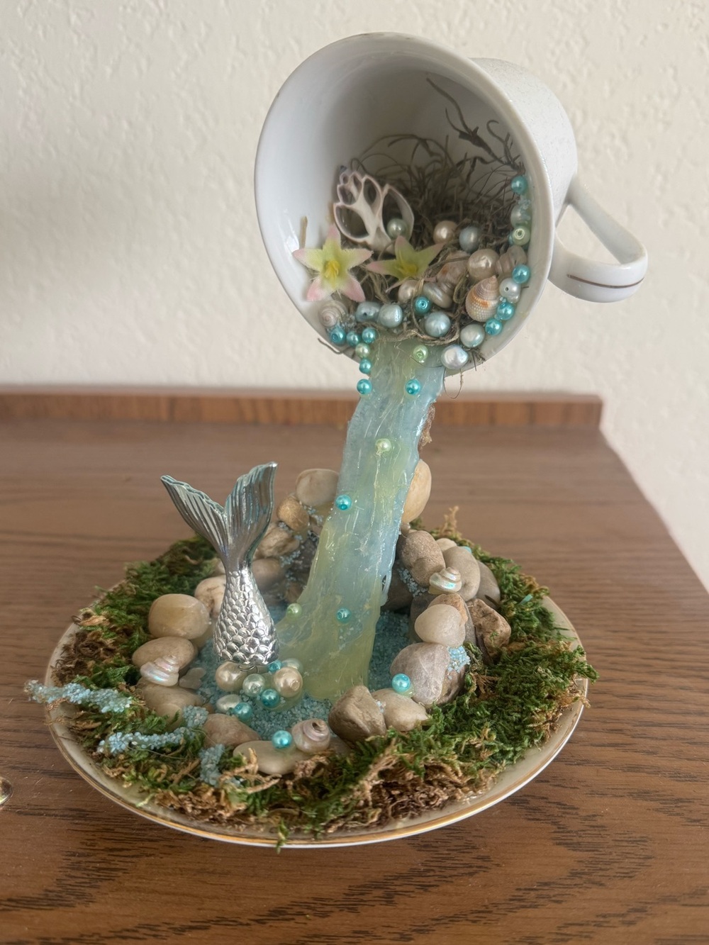 Handcrafted Mermaid Teacup Waterfall Home Art - White & Aqua
